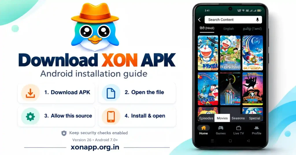 XON APK Android installation steps with an app preview and version 26 requirements.