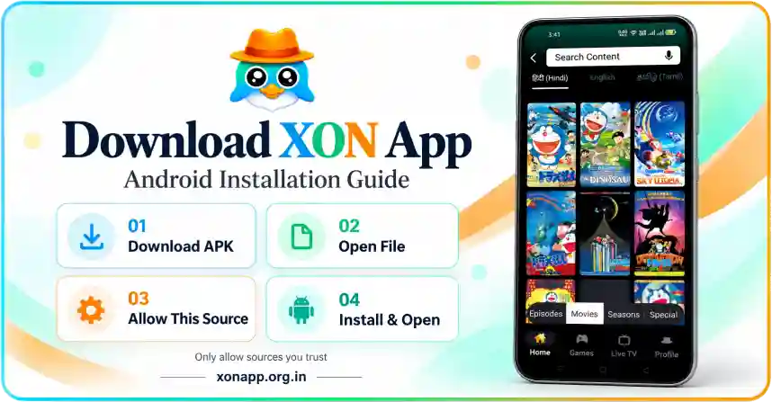 XON App Android download guide showing four installation steps beside a mobile preview of cartoon movies.