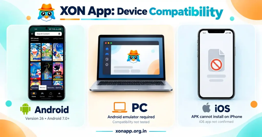 XON app compatibility showing Android requirements, the PC emulator option, and iOS limitations.